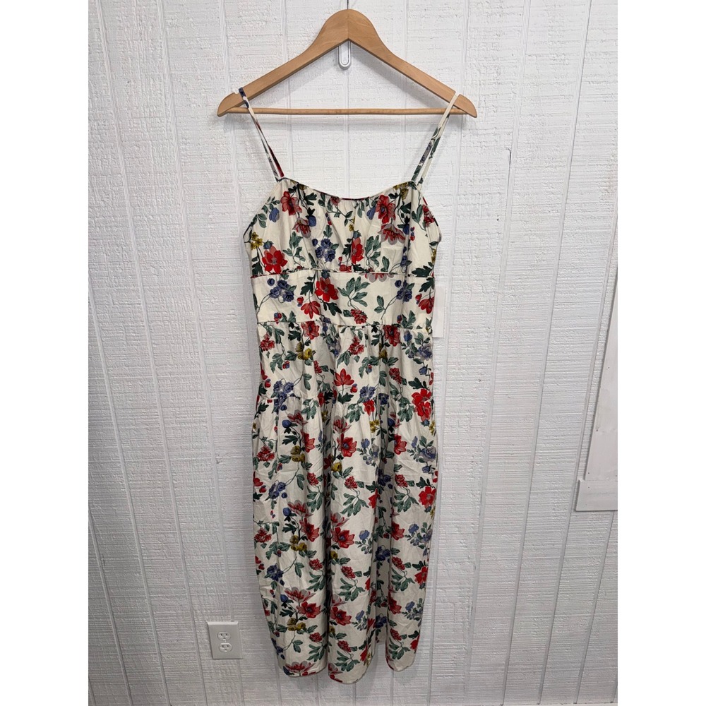Lucky Brand Midi Dress Women Cream Floral Tiered Spaghetti Strap Pockets 8